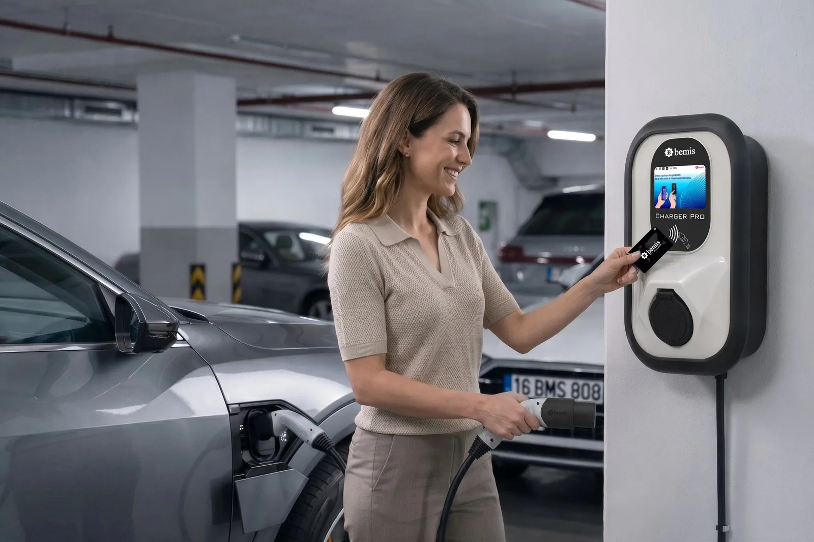Otoparkta Bemis şarj istasyonuna RFID kart okutan sürücü
